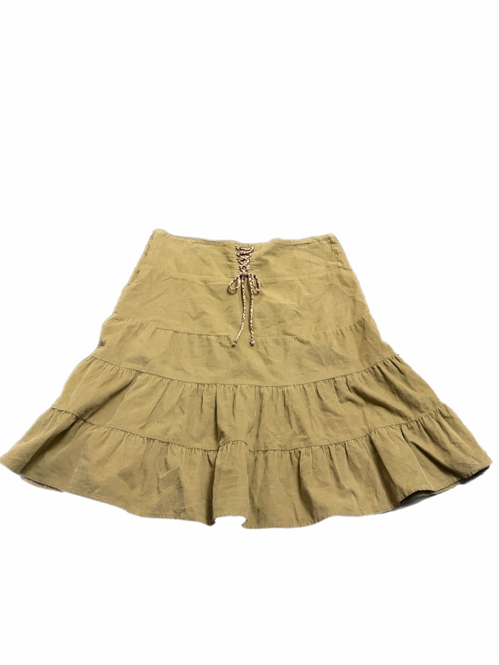 Y2K Vintage American Eagle Corduroy Tiered Skirt w Lace-Up Detail (Tan) Size 2